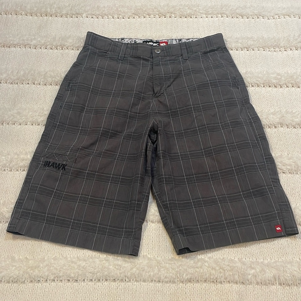 Tony Hawk plaid shorts adjustable waist skater baggy pockets gray boys size 18
